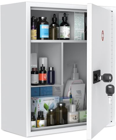 Uniclife Wall Mount Medicine Cabinet with Combination & Key Lock Locking First Aid Cabinet Lockable Medical Large Capacity Medicine Organizer Secure Steel Wall Metal Storage Box, White