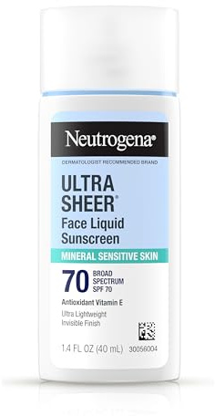 Neutrogena Ultra Sheer Liquid Mineral Sunscreen For Face, Lightweight, Broad Spectrum SPF 70 Facial Sunscreen for Sensitive Skin Leaves a Silky, Non-Greasy Finish, Oxybenzone-Free Sun Care, 1.4 fl. oz