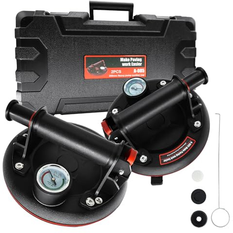 2 Stück 8'' Saugheber Glassauger Fliesenheber mit Manometer Max 200kg,Vakuum saugheber für Glas,Fliesen,Marmor,Saugnäpfe für glas fliesen Mit Tragbarer Werkzeugkasten,Plattenheber vakuum(Schwarz)