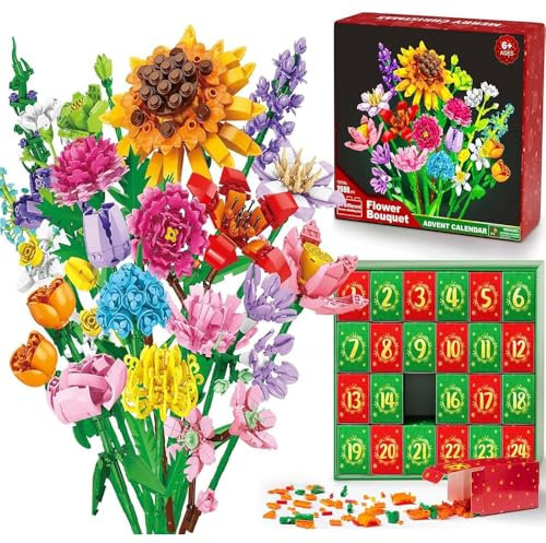BOSONS Calendrier de l'Avent 2024 pour enfants, adultes et adolescents, bouquet de fleurs, compte à rebours de Noël, blocs de construction artificiels, boîte cadeau pour jouets, à partir de 6 ans (B)