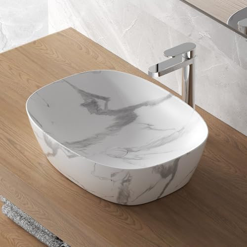 Lavabo Da Appoggio Ovale 50x38 Cm Dal Design Moderno In Ceramica Dall’Effetto Marmorizzato Bianco Linea Tokyo