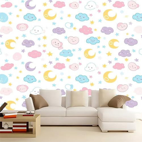 Papier Peint Lune et nuages de style kawaii 250 x 175 cm Poster Geant Mural Personnalisé 3D pour Salon Décoration murale décorative pour chambre salon Rose Design unique et moderne