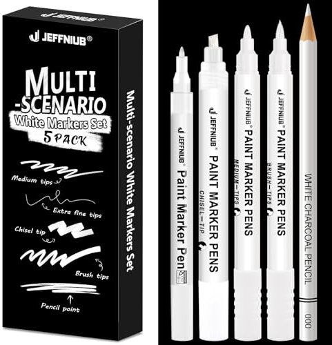 JEFFNIUB White Pen for Art 5pcs, White Opaque Pen Set with Brush Pen, Fineliner, Pencils, Acrylic Paint Pens for Black Paper Writing, Drawing