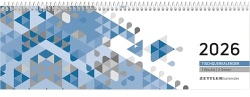 Zettler Tischquerkalender 1W/2S Blau 2026 – Bürokalender 30x10 cm, Wochenkalender mit 1 Woche auf 2 Seiten, 3-sprachigem Kalendarium, Spiralbindung & Stundeneinteilung 7–19 Uhr