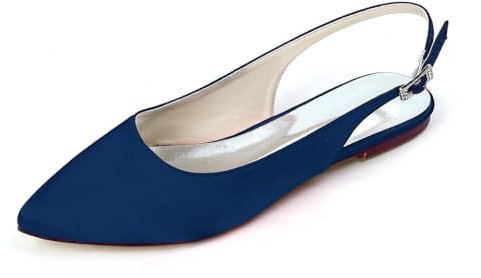 smlekwc Women's Pointed Toe Slingback Bridal Sandals Slip on Satin Wedding Shoes Flat Heel Party Prom Pumps with Buckle,Navy,5 UK