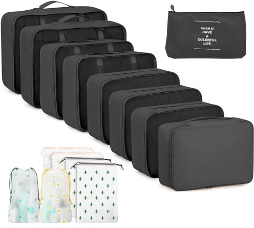GIBOHOM Koffer Organizer Set 15-teilig, Wasserdicht Packing Cubes, Multifunktionale Travel Packwürfel, Kofferorganizer Packtaschen für Koffer, Reise Organizer Set mit Kleidertaschen,Schwarz