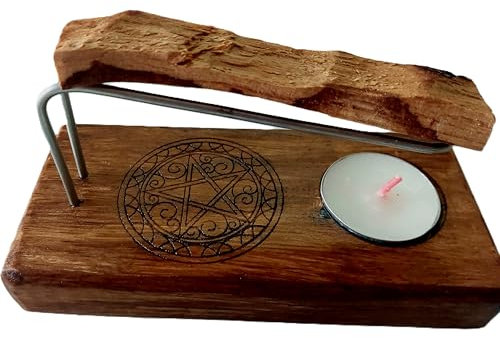 YA-DECOREGALOS Quemador para Palo Santo, Incienso o Atados Artesano, con Base de Madera Natural, Varillas metalicas, Palo Santo y velita de té incluidos. simbolo Pentagrama SIMBOLO DE PROTECCIÓN