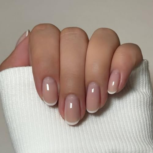 Glazed Donut White French Tip Press on Nails Short Oval, SXVME Nude Brown French Chrome Nail Press ons, Aurora Glue on Nails Short Round, Reflective Shiny Acrylic Nail for Women Daily Wear