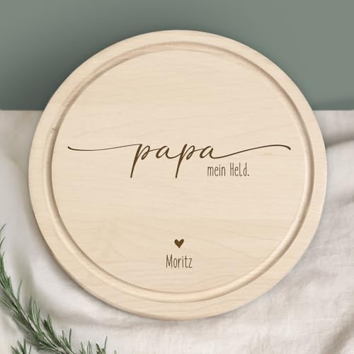 Frühstücksbrettchen „Danke Papa“ personalisiert – Geschenk Vatertag – Schneidebrett rund aus Buchenholz mit Gravur – Brotzeitbrett Holz mit Namen – Papa Geschenk Idee (Papa mein Held)