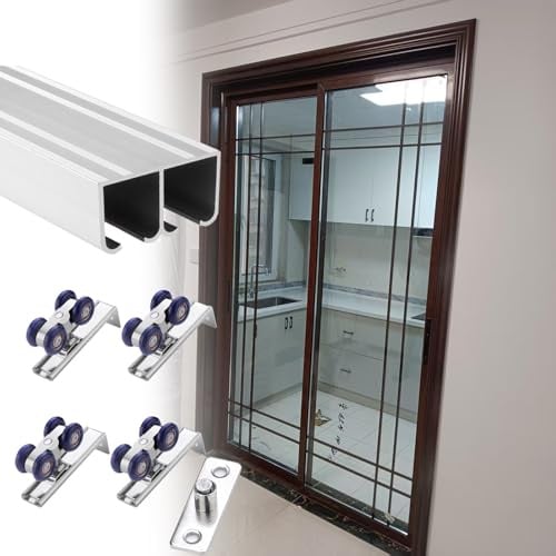 Schiebetür Komplettset Doppel-Schiebetürschienen-Set, Aluminium-Kastenschiene mit Leichtgängigen Rollen, Überbrückungstürschiene, Scheunentorschiene für Waschküche/ Wohnzimmer(Silver,2.0m(6.6ft))