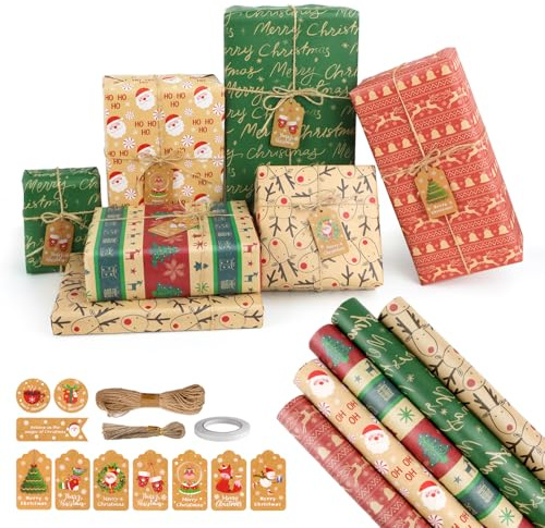 5 Christmas Wrapping Paper Rolls with Tags Tape and Twine, Recycled Xmas Gift Wrap Set 43cm x 15m Total for Christmas Holiday Present to Kids Adults Men Women Wife Girls Boys Families Friends Party