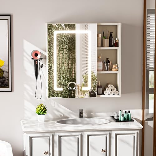 ChromaCasa Spiegelschrank Bad mit Beleuchtung 3-Farbig Dimmbarer, Badezimmer Spiegelschrank mit Entfeuchtung mit 1 klick für Badezimmer(60x60x13cm,Weiß)