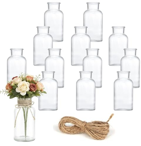 12er Set Glasflaschen 125ml mit 10m Juteschnur, Weithalsflaschen für Blumenarrangements Tischdekoration, Spülmaschinenfest für Hochzeiten Feiern Labor Geschenkideen