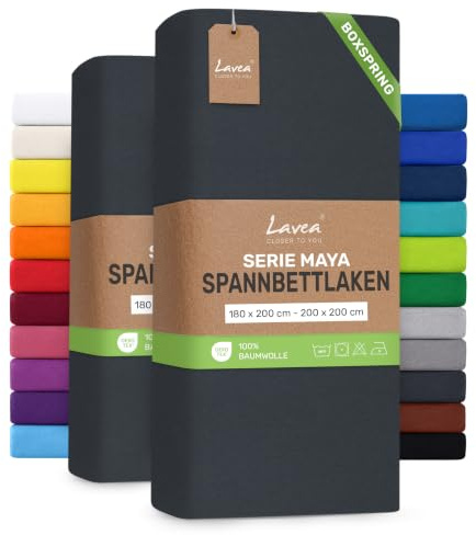 Lavea® 2er Pack Spannbettlaken 180/200x200cm – Anthrazit | 100% Baumwolle – Für Boxspringbetten und Wasserbetten – Für Matratzen bis ca. 35 cm Höhe – Formstabil