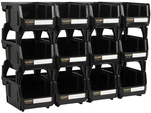 VOLDREN Werkstatt-Stapelkiste, Schrauben-Organizer, Lagerboxen für Werkzeugswand, schraubenregal, werkzeug organizer, stapelboxen werkstatt, werkstatt organizer, schraubenregal werkstatt (Schwarz, 12)