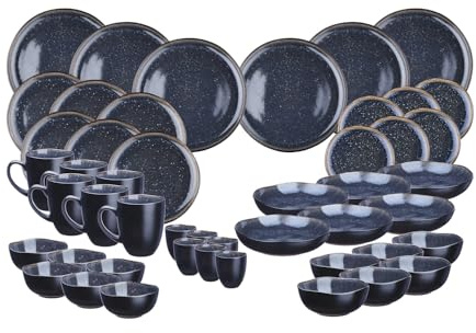 BJORN IRIS Geschirrset 6 Personen, 42-teilig – Reaktive Glasur aus Steinzeug, Blau-Schwarz, Teller, Schalen & Tassen, elegantes Design