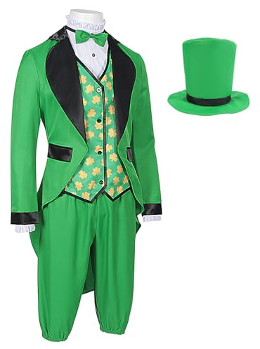 LearnLyrics Grünes Wichtel-Kostüm – Stoff aus Baumwoll- und Polyester-Mischgewebe, Oberteil, Hose, Hut, Fliege, klassischer aristokratischer Stil | Irisches Reisfeld-Cosplay- für den