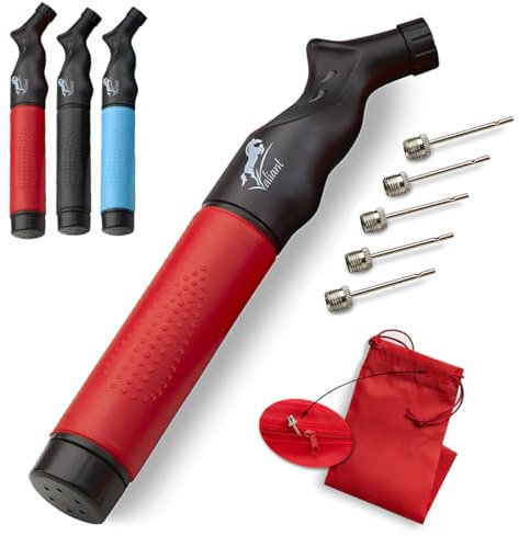 Sports Ball Pump Inflator with 5 Needles (Pin) and Pouch, Dual Action Hand Held Portable Air Ball Pump with pins to Inflate Athletic Soccer Ball, Football, Volleyball, Rugby-Ball, and Basketball