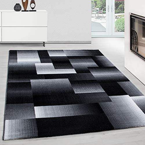 Teppium Moderner Kurzflor Teppich Läufer Flur 80 x 150 cm Schwarz - Waschbarer Teppich, Abstrakt Kariert Design, Pflegeleicht, Weich - Ideal lals Bettvorleger im Schlafzimmer und Küchenläufer