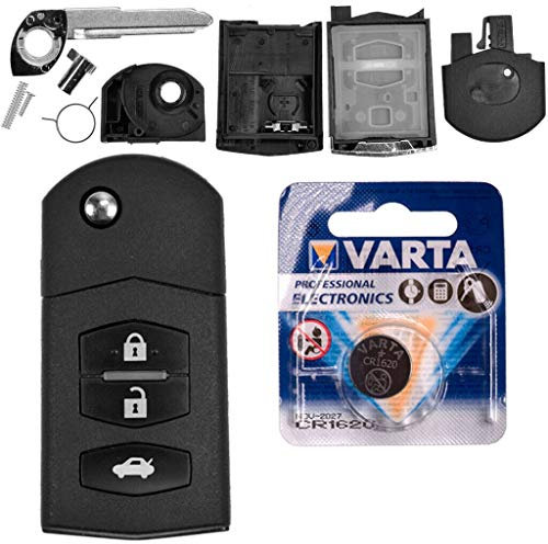 Autoschlüssel Funk Fernbedienung Austausch Gehäuse mit 3 Tasten + Rohling + Batterie kompatibel mit Mazda 2 DE 6 GH CX-7 ER MX-5 NC 3 BL 5 CR B