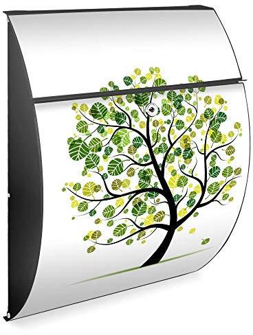 Burg Wächter Design Briefkasten | Modell Riviera 46x33,5x13cm groß | verzinkter Stahl Anthrazit | Postkasten mit Öffnungsstopp, großer A4 Einwurf, Zylinderschloss, 2 Schlüssel | Motiv Laubzauberbaum