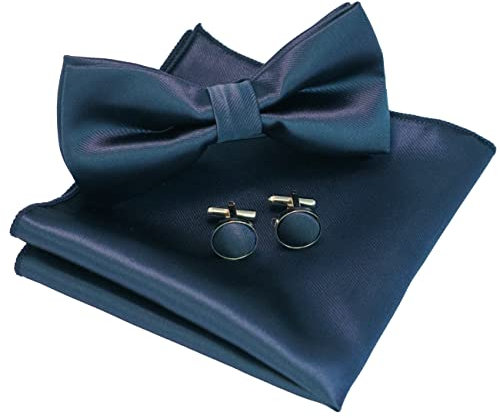 JEMYGINS Einfarbig Fliege und Einstecktuch mit Manschettenknöpfe Sets für Herren,Navy blau