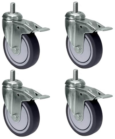 PRIOstahl Transportrollen mit Bremse & Rückenloch - 100mm Rollen für Möbel 4 Rollen Set - bis zu 320Kg Möbelrollen Lenkrollen Gummi TPE für Palettenmöbel Transportroller oder Transportboxen Rollbrett