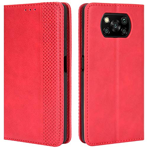 HualuBro Etui Coque pour Xiaomi Poco X3 NFC Case, Coque Xiaomi Poco X3 Pro, Etui Housse en Cuir de Protection Portefeuille Magnétique Antichoc Flip Cover Case pour Xiaomi Poco X3 NFC Coque (Rouge)