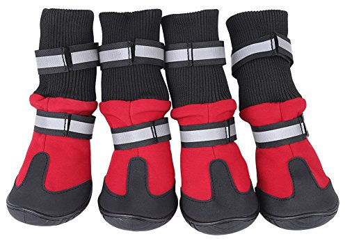 Stivali per Cani 4 Pezzi Scarpe protettive Antiscivolo Nere per Cani da Compagnia Stivali protettivi Caldi Impermeabili per Cani di Taglia Media e Grande(Rosso L)