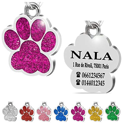 Ibera Gifts - Médaille Chien avec Gravure en Forme de Patte pour Animaux de Petite et Moyenne Taille, Médaille Chat Gravée (Fuchsia)