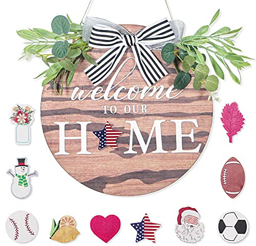 Alnicov Panneau de Porte de Bienvenue Interchangeable, Inscription « Welcome to Our Home » pour décoration de Porte d'entrée - pour Cadeaux de Pendaison de crémaillère,Noël