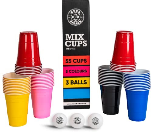 BeerBaller® Mix Cups - 5 Farben - 55 Beer Pong Becher - 3 Bier Pong Bälle | 473ml - 16oz Partybecher | spülmaschinenfest & wiederverwendbar | Bierpong Becher Set | Original American Red Cups