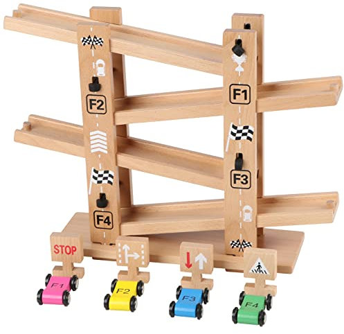 Jacootoys Holz Rampen Einfach Zusammenbauen Konstruktion Autorennbahn Zig Zag Autostrecke Click Clack Rennbahn mit 4 Autos für Kinder Jungen Mädchen ab 3 Jahren