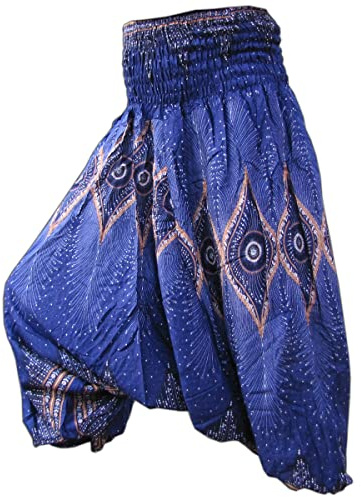 PANASIAM Aladinhose Damen & Herren 2in1 - Haremshose & Jumpsuit - 2 Längen | Unisex Pumphose 100% Viskose, breiter Bund, Design Pfauenauge, L & XL bis 2m Körpergröße, Goa Hose für Yoga & Freizeit