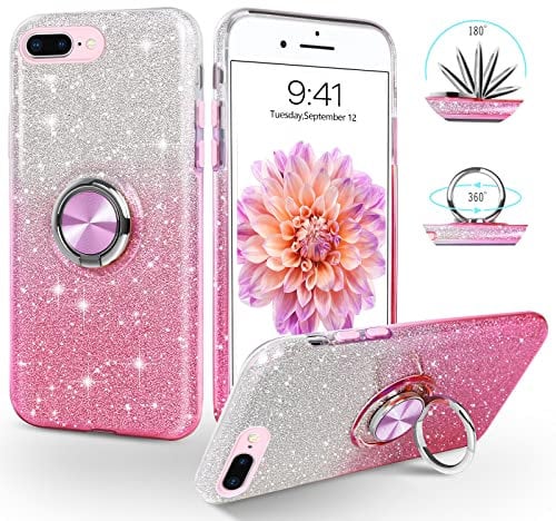 SouliGo for iPhone 8 Plus Case iPhone 7 Plus Case Glitter Bling Sparkle Girls Women Cover 360° Ring Holder Kickstand Magnetic Car Mount Shockproof Phone Cases, Gradient Pink