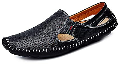 Mocasín Conducción de Cuero sin Cordones Perforado para Hombre Zapatos Barco Caminar Cómodos y Transpirables Zapatillas Planas al Aire Libre（Negro,46/47 EU,47 Tallas de la Marca
