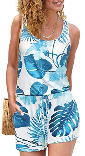 JFAN Robe de Plage d’été Femme Robe Casual Été Palmier Vert Florale Femmes Combinaisons Sexy Chic Eté Jumpsuit Plage Combishort Bohème Tenue de soirée pour femme Rompe jumpsuit,bleues,Taille XL