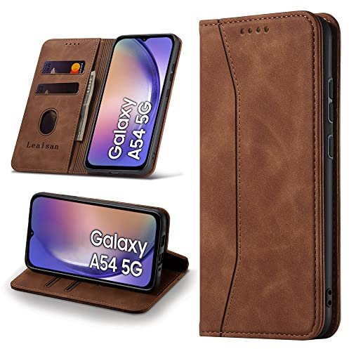 Leaisan Handyhülle für Samsung Galaxy A54 5G Hülle Premium Leder Flip Klappbare Stoßfeste Magnetische [Standfunktion] [Kartenfächern] Schutzhülle für Samsung Galaxy A54 5G Tasche - Braun