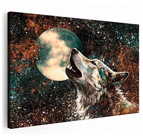 Artmazing | Wolf Bild Bunt | Bild Wolf Mond auf Leinwand | Wolfsbilder Modern | Bilder Wohnzimmer groß | Wandbild Wolf Deko XXL | Poster & Kunstdrucke | Wolf Bilder | Leinwand XXL | Wolfsbild gross