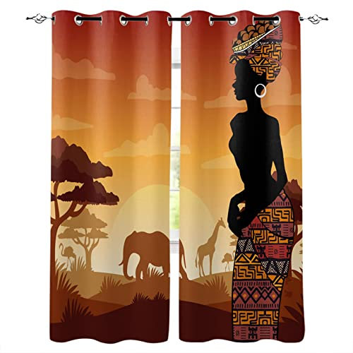 TITINGLUCK Afrika Frau Giraffe Elefant Fenster Innen Volant Tür Zimmer Vorhang für Küche Wohnzimmer Schlafzimmer BxL-140x180cm(55x71in) x2