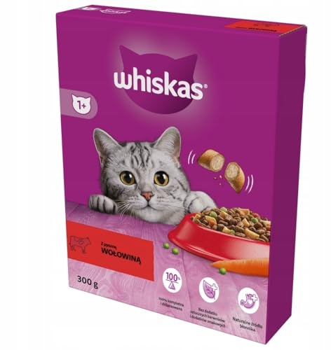 Whiskas Adult 1+ Katzentrockenfutter für Erwachsene Katzen mit Rind 2 x 300 g im Karton