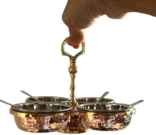 Copper Chutney Tray Gold Handle Server 4 Pot Relish Pickle Condiment 9 pcs Set Restaurant Pickle Serving Hammered Finish Copper