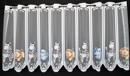 Gardinen Kranzusch Scheibengardine für Kinder Zoo Tiere 60x119 cm H/B weiß mit bunt Bistrogardine Vorhang Küche 1er Pack