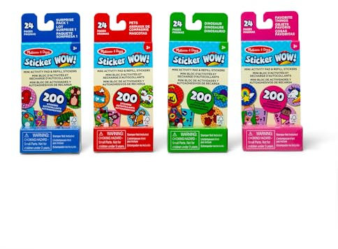 Melissa & Doug Sticker Wow! Mini-Aktivitätsblöcke und 4er-Pack nachfüllbarer Aufkleber (Dinosaurier, Haustiere, Lieblingsgegenstände, Mystery Pack) je 200 Aufkleber