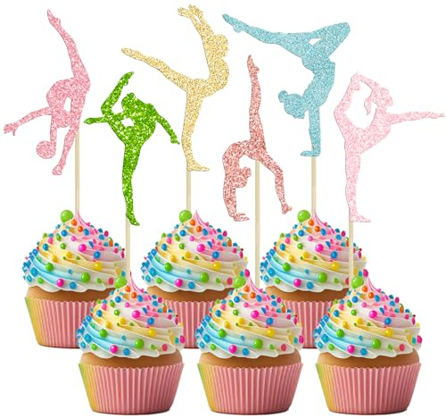 Ephlyn 24Pcs Gymnastics Cupcake Toppers Glitter Gymnast Girl Cupcake Pick Gymnastics Silhouette Cake Decorations for Gym Theme Birthday Party Supplies Colorful