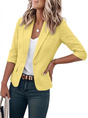 IDEALSANXUN Blazer da Donna in Lino Corto 2024 Casual Manica 3/4 Leggera Primavera Estate Giacche Top, Giallo, Medium