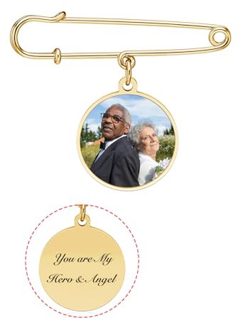 PiercingJak Bouquet de Mariage Personnalisé Photo Texte Nom Broche Épingle Photo Pin Breloque Médaillon Charme Pendentif Acier Inoxydable Cadeau Marié Mariée Costume Bijoux Femme Homme (Or)