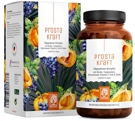 NATURTREU® Prostakraft - 120 vegane Kapseln hochdosiert mit Sägepalmenextrakt (500 mg), Brennnessel, Kürbiskern mit Vitamin E, Zink, Selen - 2 Monatsvorrat