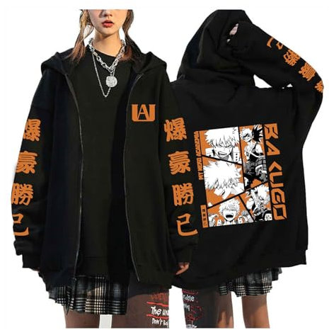zhedu My Hero Academia Zipper Hoodies Black Long Sleeve Comfortable Hip Hop Y2k Manga Pullovers Drop Shoulder Cartoon Anime Harajuku Jackets (M,color 01)