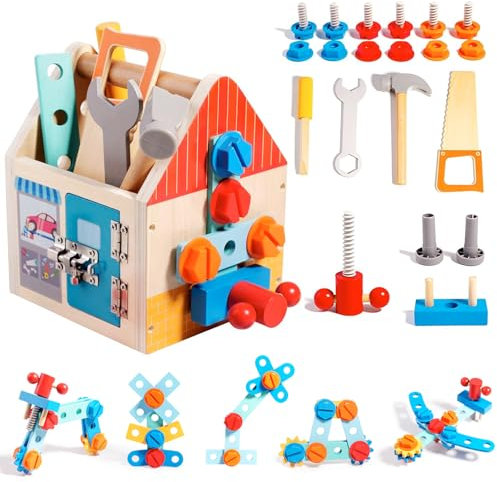 ANYCESO Montessori Busy Board - Établi en Bois pour Enfants - Mallette à Outils, Jeu de Rôle et de Construction avec Perceuse - Jouet Éducatif pour Enfants de 3 à 6 Ans